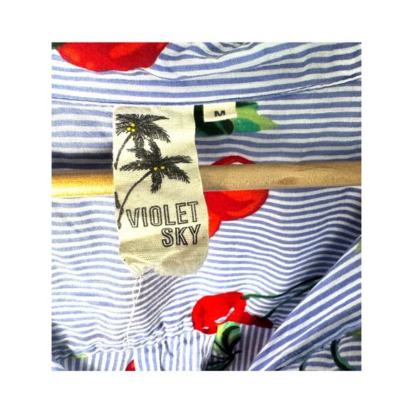 Violet Sky Blue Striped Cherry Print Half Button Top Size Medium - Picture 5 of 7